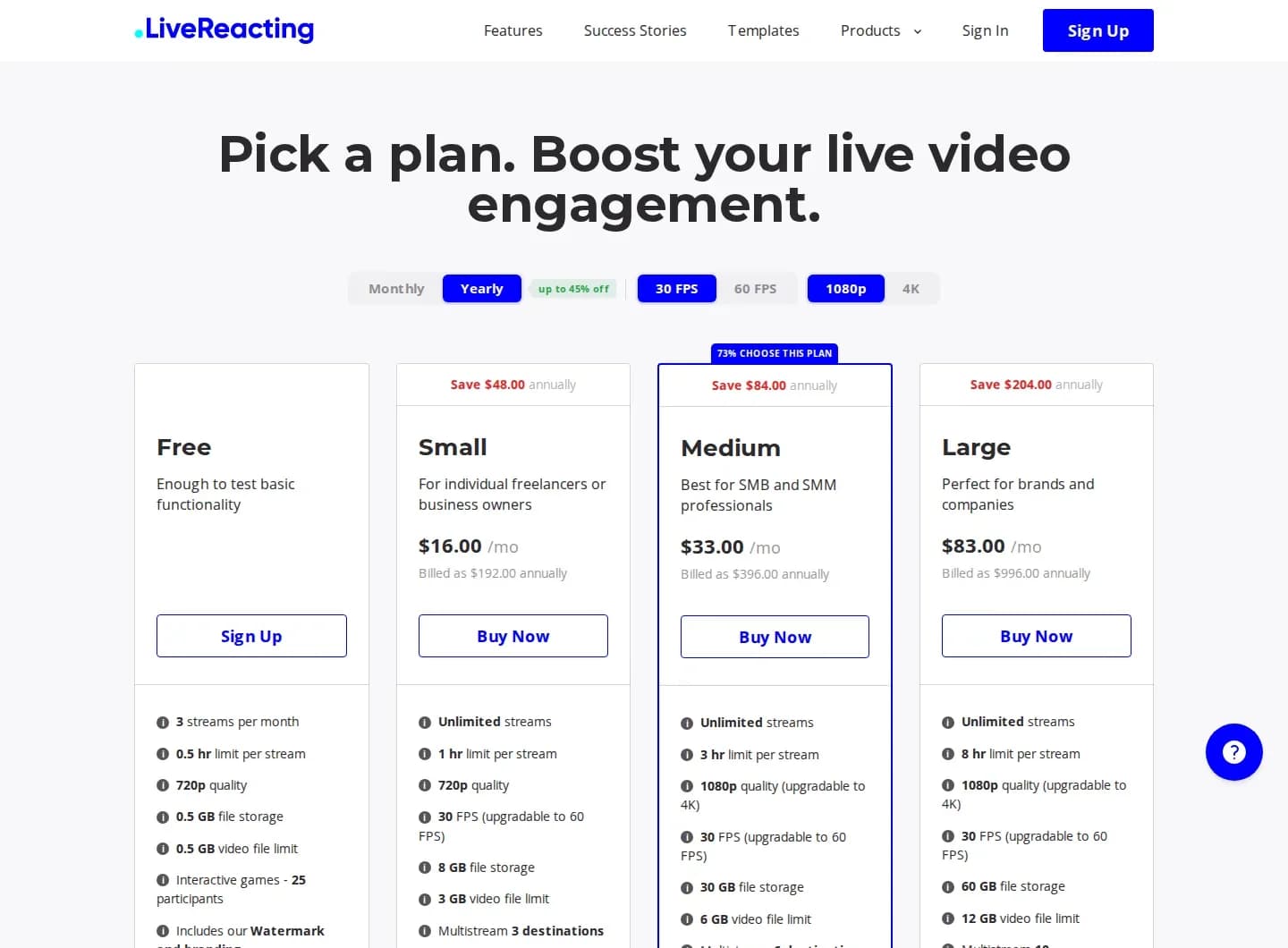 LiveReacting pricing page showing Free, Small $16, Medium $33 and Large $83 monthly plans
