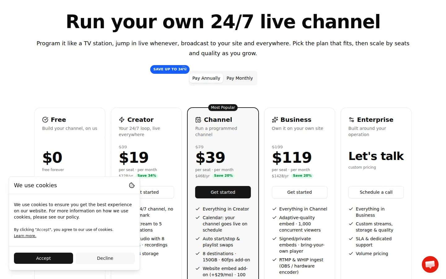 playout.video pricing section showing Free, Creator $19, Channel $39 and Business $119 monthly plans