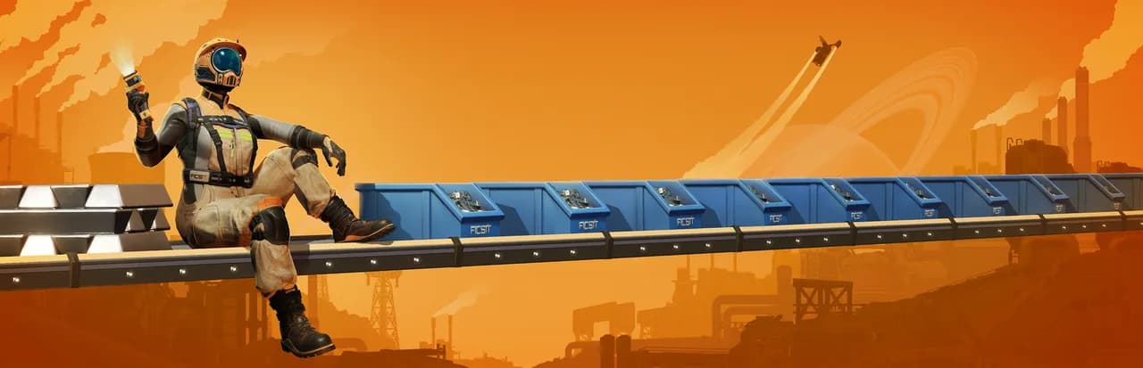 A Satisfactory pioneer sitting on a conveyor belt loaded with FICSIT containers