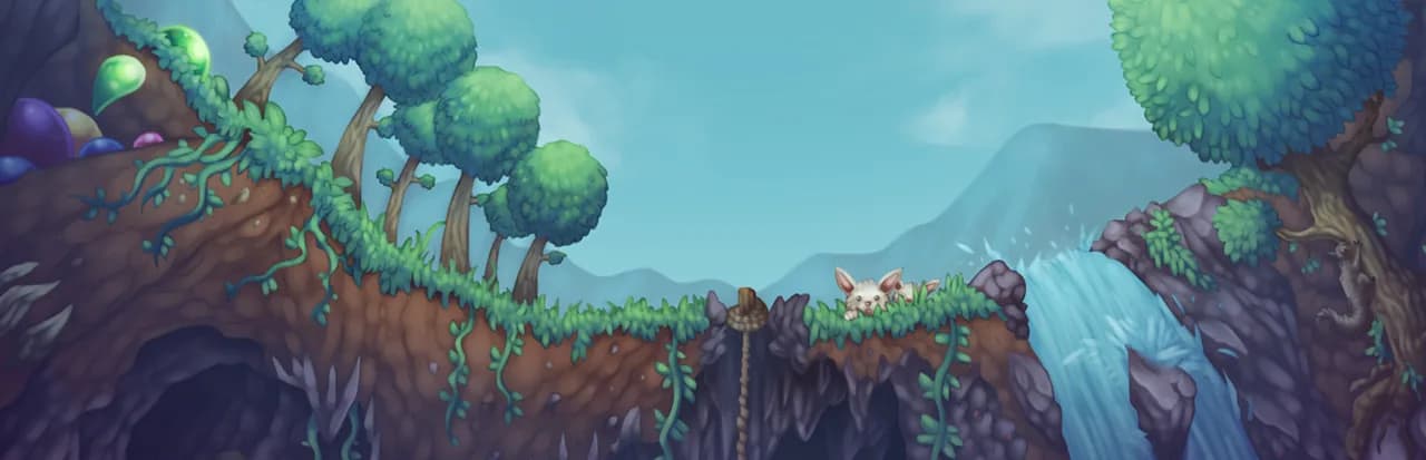 A Terraria landscape in cross-section with trees, caves, a rope and a waterfall