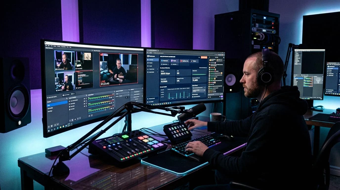 A streamer with headphones at a desk with two monitors showing OBS and a stream dashboard, a microphone and a control deck in front of him, in a purple-lit room