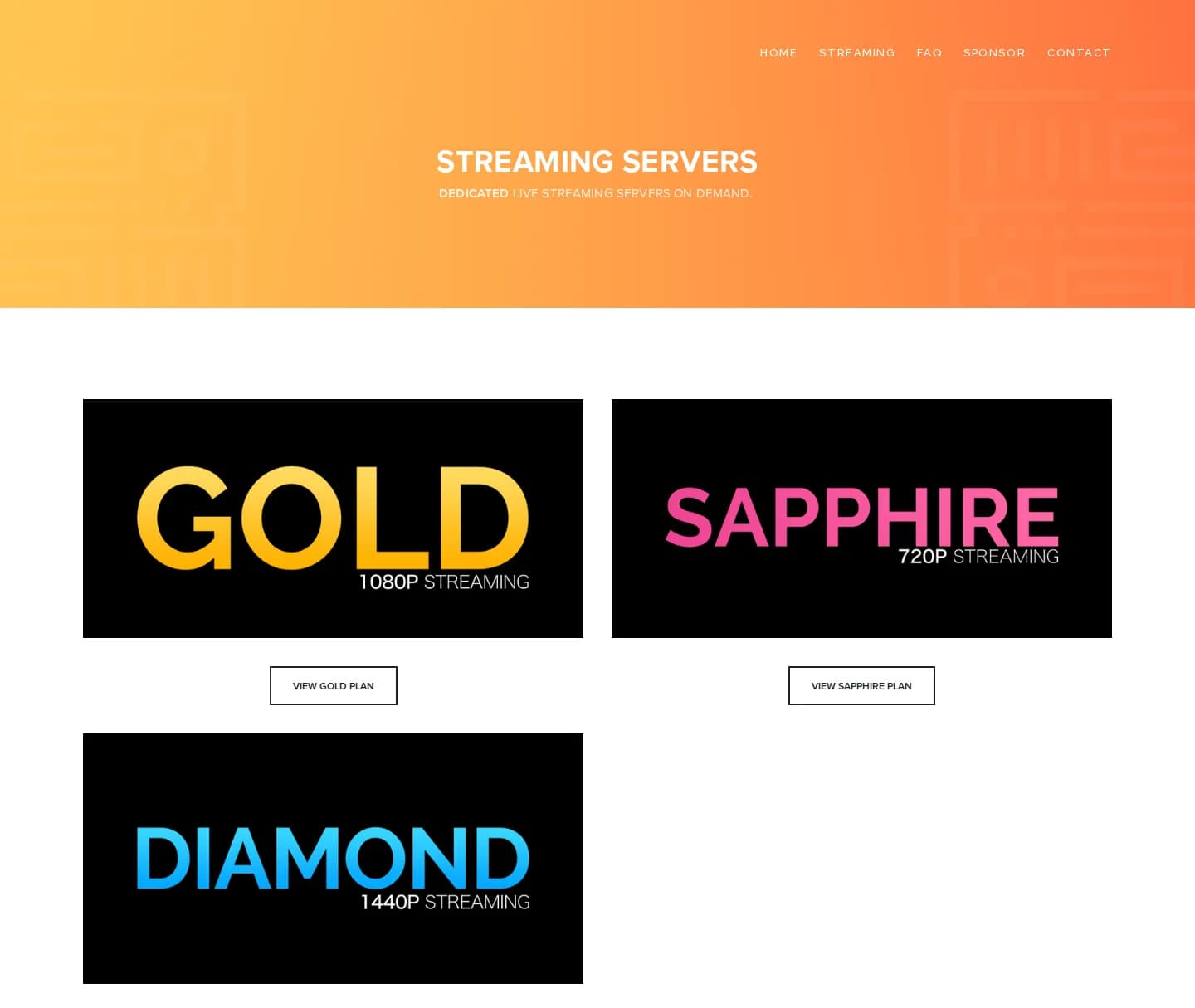 OhBubble streaming servers page showing Gold, Sapphire and Diamond plan tiles with no prices listed