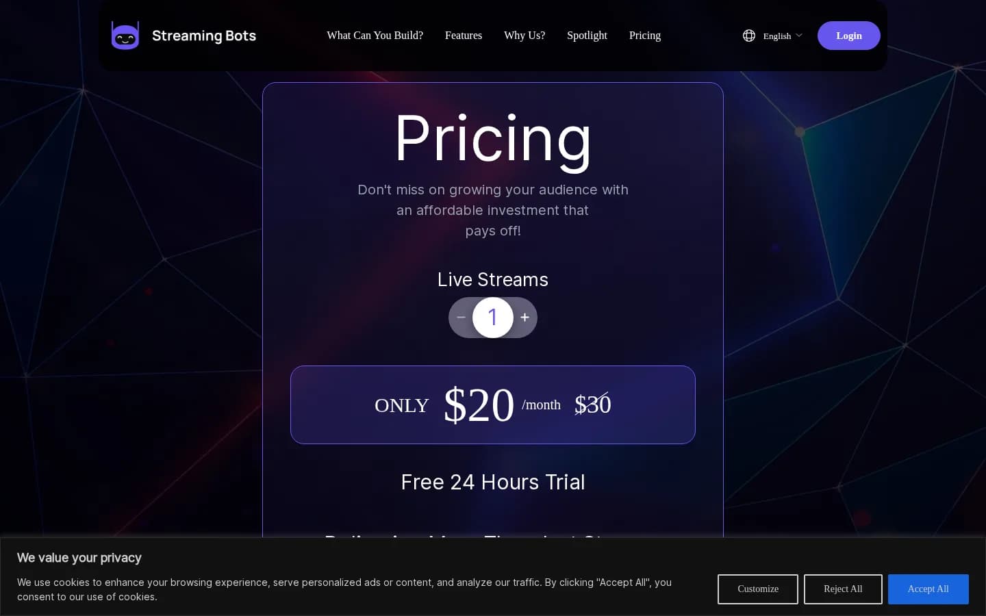 StreamingBots pricing widget showing $20 per month for one live stream, discounted from $30