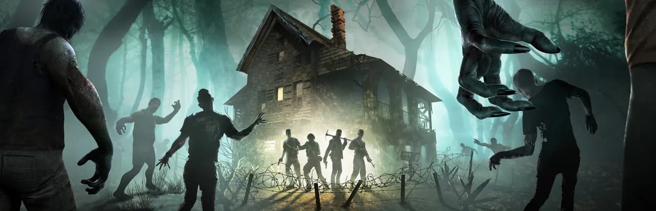 Survivors with weapons in front of a lit cabin while zombies close in through a foggy forest