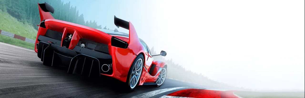 A red Ferrari leaning into a corner past red and white kerbs in Assetto Corsa