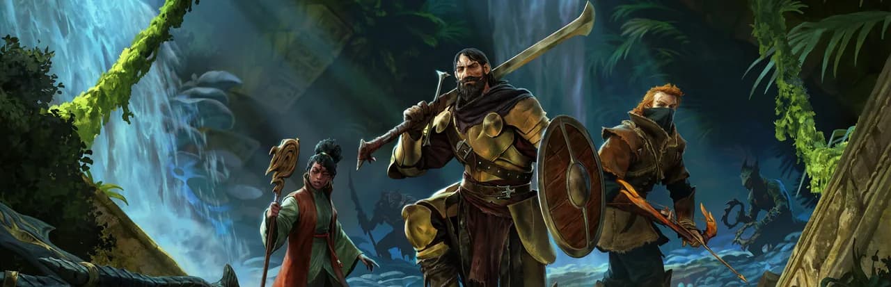 Enshrouded key art with three adventurers in front of a waterfall