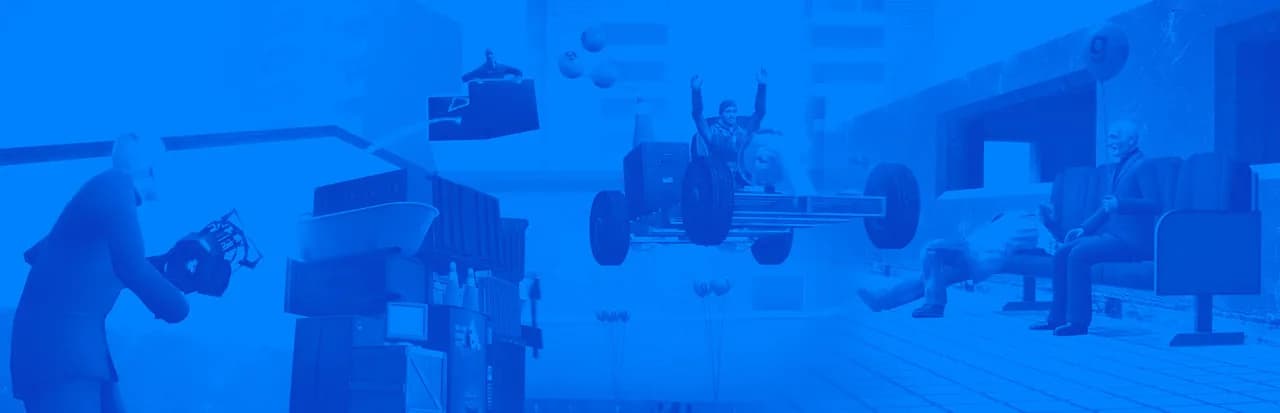 Garry's Mod sandbox scenes with props, a flying car and player models in a blue tint