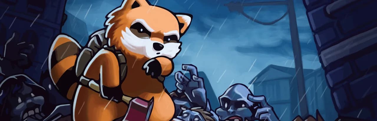 A raccoon survivor with a backpack and a crowd of zombies behind him in the rain, Project Zomboid art
