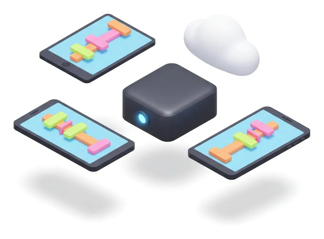 Illustratie van een kleine zwarte mini-pc met een tablet en twee telefoons eromheen, elk met een kleurrijk parcours op het scherm