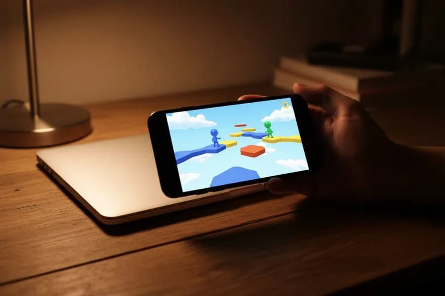 Een hand met een telefoon waarop een kleurrijk parcoursspel te zien is, voor een dichtgeklapte laptop