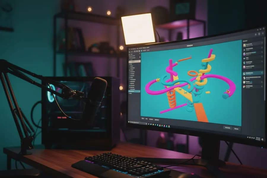 Een streambureau met een microfoon en een monitor met streamingsoftware en een kleurrijk spel