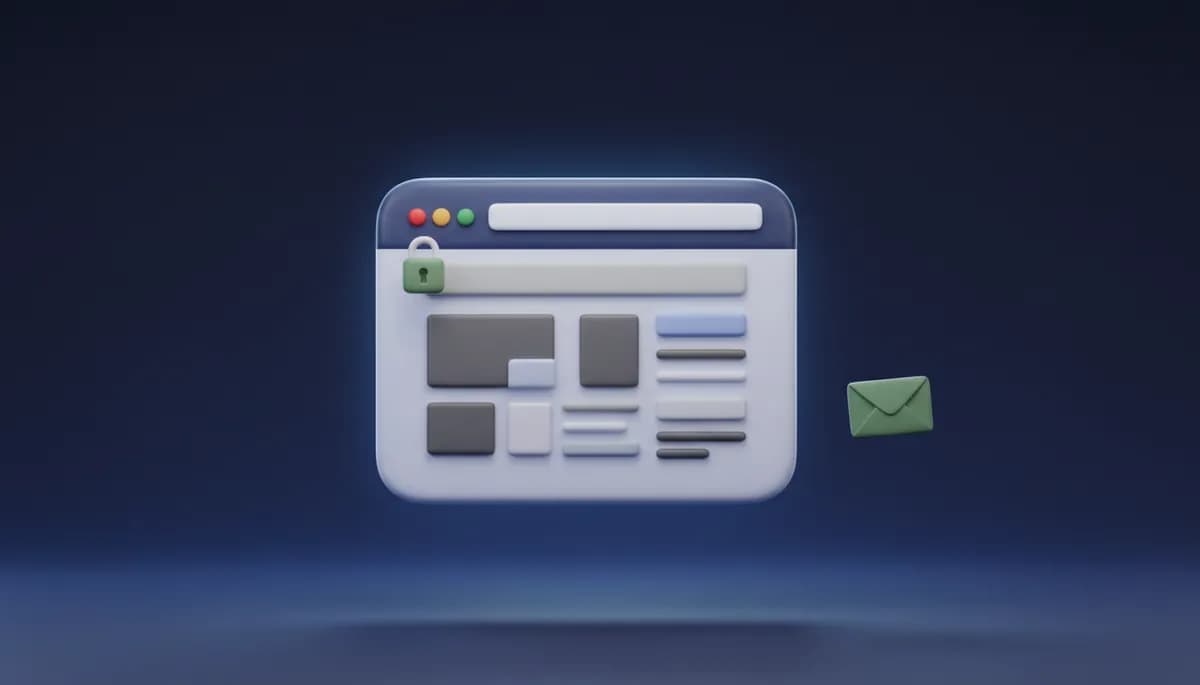 A browser window with a green padlock by the address bar and a green envelope floating beside it, on a dark blue background